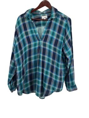 🦋 Sonoma Plaid V-Neck Long Sleeve Top - Blue & Teal, Size XL